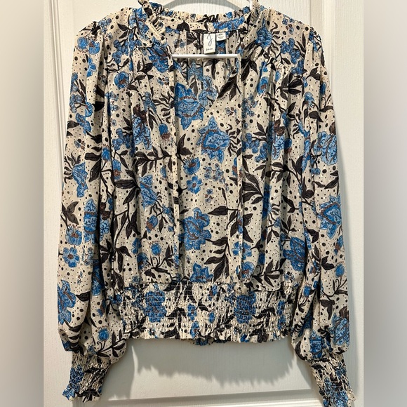 Joie Jaipur Floral Long Sleeve Smocked  Waist & Cuffs Clip Dot Peasant Top - Picture 2 of 10